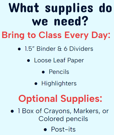 What supplies do we need? 1.5" Binder Loose Leaf Paper Pencils Highlighters